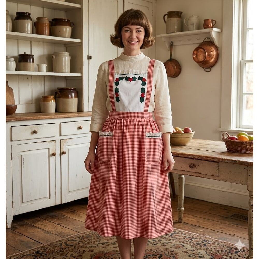 Vintage Red White Gingham Apron Pockets One Size Pinafore heart detail